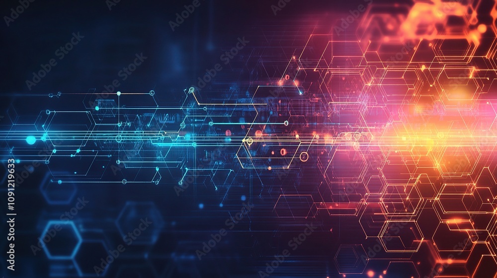 Poster futuristic abstract technology background with vibrant colors and geometric patterns in a wide forma
