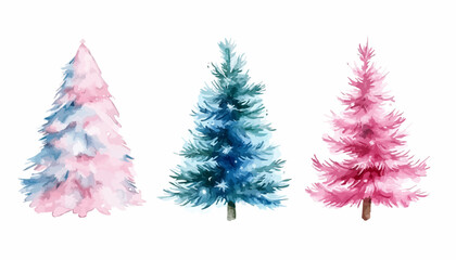 Obraz premium Vector illustration of Watercolor Christmas Trees Green fluffy christmas pine and Pink Christmas trees and blue Christmas tree, isolated on white background with Gifts