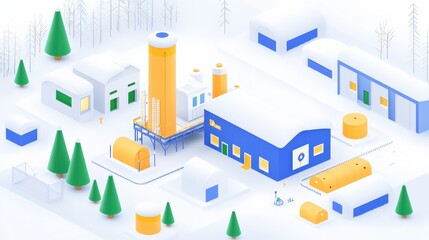 Industrial facility overview in winter landscape digital art minimalist style aerial view