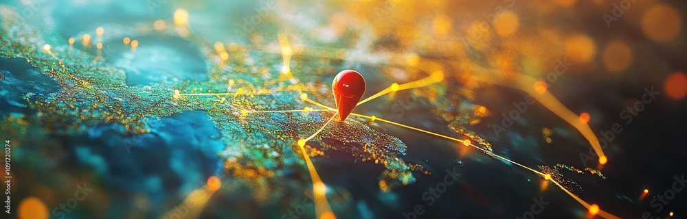 Poster aerial view of digital network connections over a city with a highlighted location pin, symbolizing 