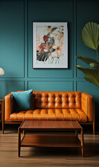 Obraz premium Mid Century Modern Living Room Orange Leather Sofa Teal Walls Floral Art