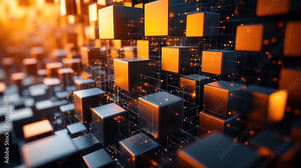 Poster abstract 3d cubes with glowing edges in a digital space.