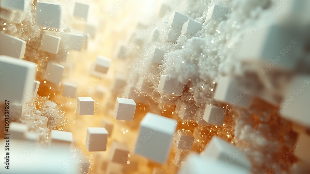 Poster abstract scene of floating cubes in a dreamy, illuminated environment.