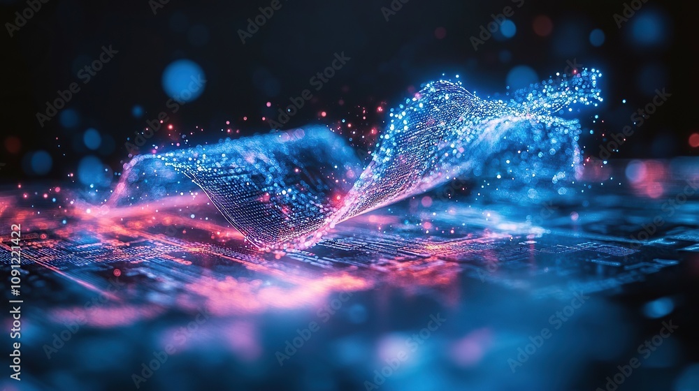 Poster abstract digital waves with glowing particles representing data flow and technology.