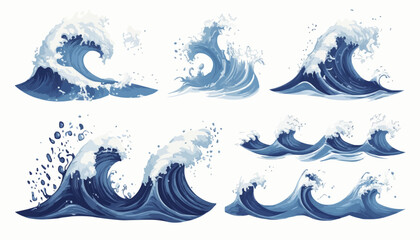 Set of sea waves, ocean waves collection, water splashes, vector illustration.