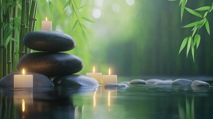 Zen ambiance with stones and lit candles in water