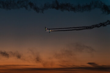 Ayr Show, Ayr, Scotland, 06 09 2024. Before the sun is over the horizon, planes perform stunts in the sky and set off fireworks.