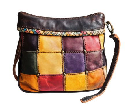 Colorful patchwork leather bag with stylish design and adjustable strap.