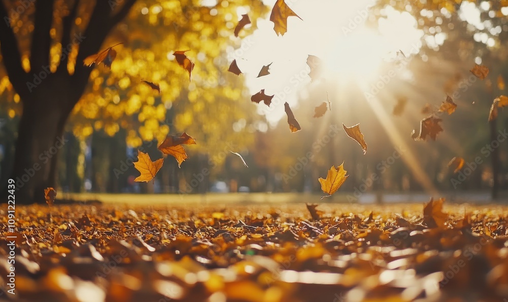 Aufkleber Beautiful autumn scene with golden leaves falling gently from trees in a serene park as sunlight filters through branches creating a warm atmosphere
