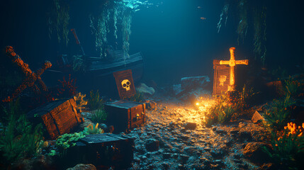 Obraz premium Sunken pirate ship graveyard, with overgrown coral, treasure chests, and ghostly apparitions, fantasy environment, 3d illustration. Underwater Shipwreck Mysteries. Illustration
