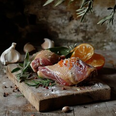 Raw duck legs:Fresh BIO ingredients for confitSpices, vegetables, herbs