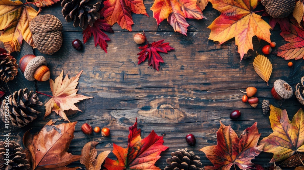 Fototapete thanksgiving background with colorful fall leaves, acorns and pine cones on a rustic wooden table. t
