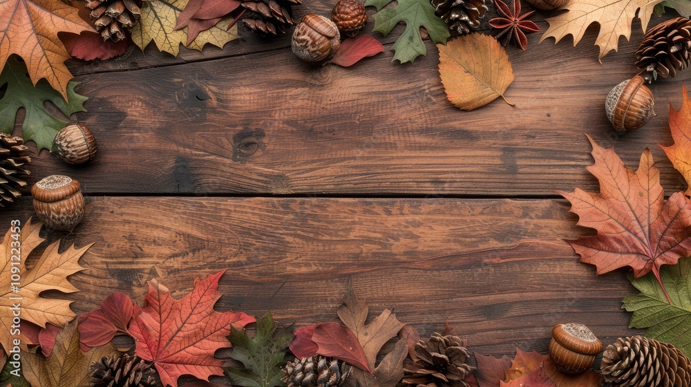 Fototapete thanksgiving background with colorful fall leaves, acorns and pine cones on a rustic wooden table. t