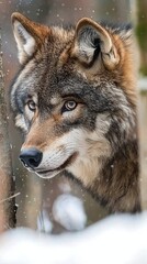 Fototapeta premium A close-up of a wolf's face in a snowy forest setting.