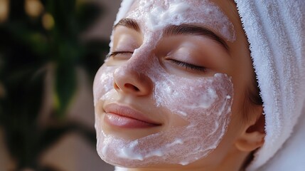Naklejka premium Young woman with smooth skin and glowing features enjoying a skincare treatment, showcasing relaxation and self-care in a serene environment with gentle lighting.