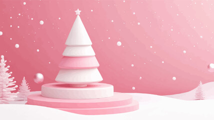 3d white and pink podium display with Colorful halftone gradients background. Flat geometric shape christmas tree landscape concept decoration. Vector Illustration