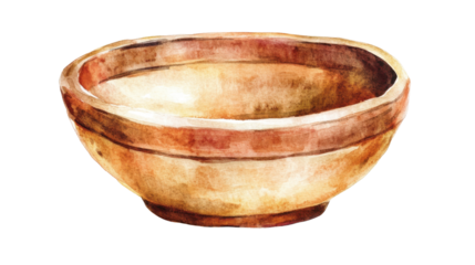 Watercolor illustration of a rustic wooden bowl, ideal for culinary use.