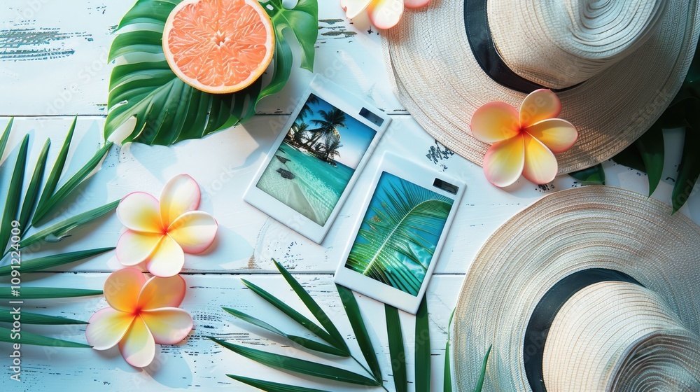 Fototapete spring summer concept, top view still life with polaroid image format.