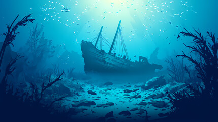 Obraz premium A vector background of an underwater ocean landscape featuring a sunken ship and seaweed. Underwater Shipwreck Mysteries. Illustration