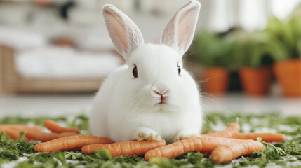 Adorable Bunny with Carrots: A fluffy white rabbit sits amidst a pile of fresh carrots, creating a heartwarming and charming scene. Perfect for Easter, spring, or pet-related projects.