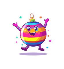 Cartoon groovy Christmas ball character with vibrant stripes is dancing, celebrating retro disco party. Isolated vector bauble, holiday decorations personage radiates Xmas fun, joy, and festive spirit