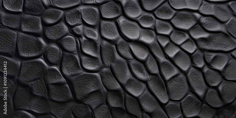 Poster unique textured surface resembling scales with dark tones and depth. textured black surface displays