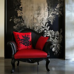 Chair: black, red. Wall: elegant art.