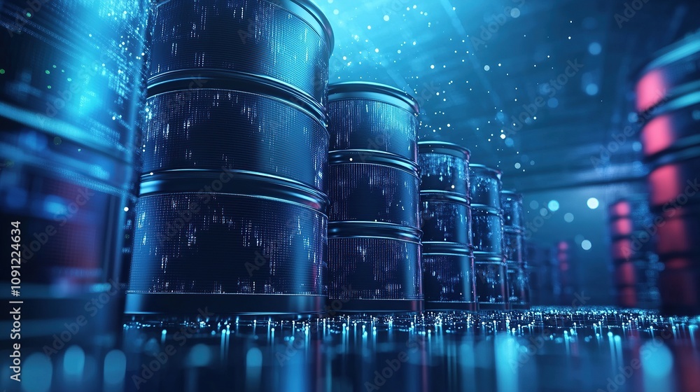 Aufkleber digital representation of stacked barrels in a high-tech environment.