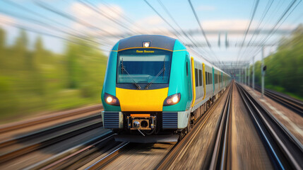 Fototapeta premium Fast moving train on railway tracks with blurred background