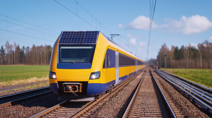 Obraz premium Solar powered train on tracks in green landscape with blue sky