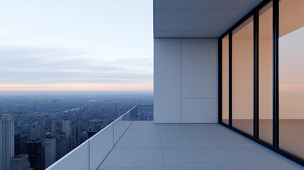Obraz premium Modern Balcony with City View: A serene and minimalist balcony overlooking a sprawling cityscape, bathed in the soft hues of dawn.