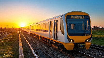 Obraz premium modern train at sunset, showcasing renewable energy potential