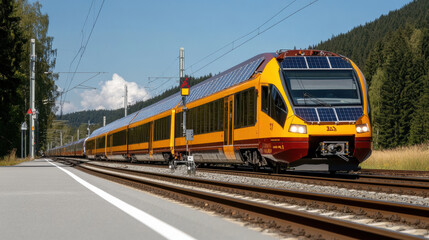 Fototapeta premium solar powered train traveling on railway track in scenic landscape