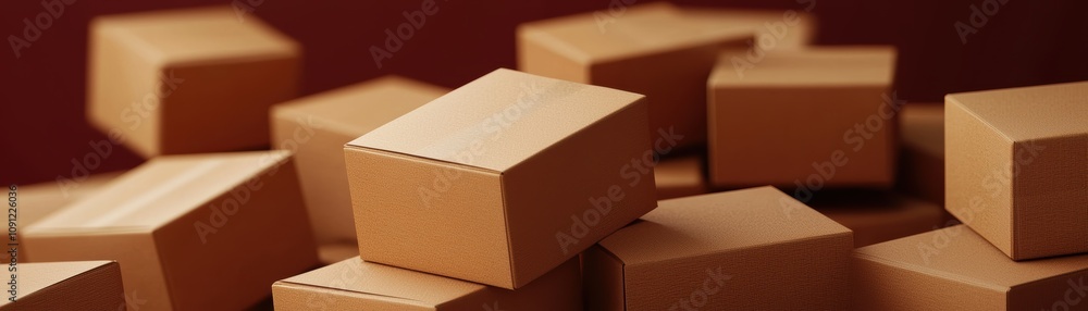 Poster a collection of stacked cardboard boxes arranged in a visually appealing manner against a contrastin