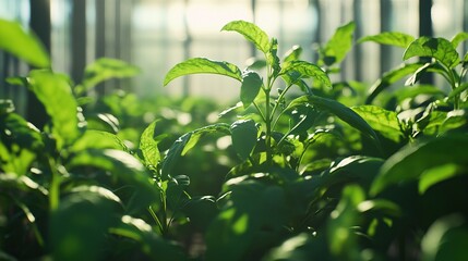 Obraz premium Lush green plants thriving in sunlight within a greenhouse environment.