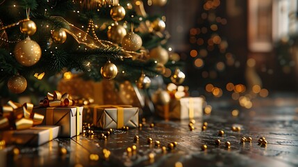 Obraz premium A beautifully decorated Christmas tree with golden ornaments and wrapped gifts, creating a festive atmosphere.