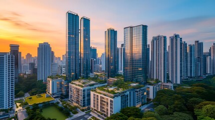 Naklejka premium Modern skyscrapers at sunset in an urban landscape with greenery.