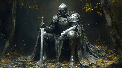 Fototapeta premium A Weathered Knight Rests, Sword Held Firmly, in Autumnal Woods, Digital Painting