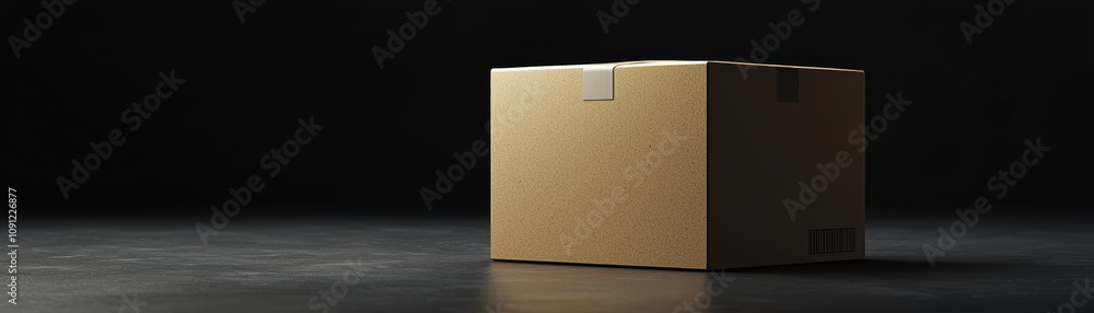 Poster a simple brown box on black background as subscription box service with monthly delivery, subscripti