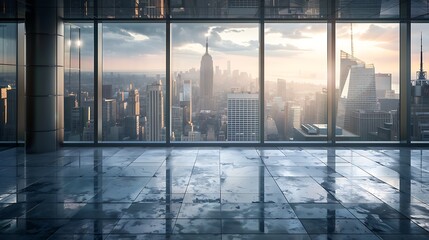 Fototapeta premium A panoramic view of a city skyline through large glass windows, showcasing urban architecture and a dramatic sunset.