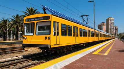 Obraz premium bright yellow solar powered train at sunny station with palm trees