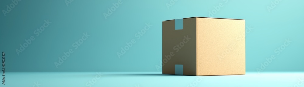Poster a simple cardboard box stands alone on a turquoise surface, showcasing minimalist design and color c