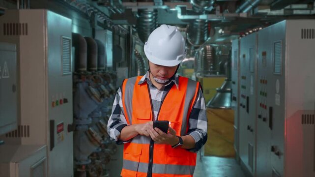 Asian Male Engineer With Safety Helmet Using Smartphone While Standing In Engine Control Room, Work Of Electrical Generators