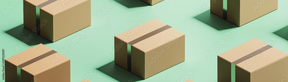 Poster a collection of cardboard boxes arranged on a green surface, showcasing a minimalist design and emph