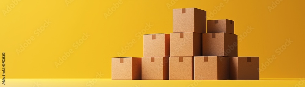 Poster a stack of brown cardboard boxes arranged on a vibrant yellow background, creating a simple yet stri