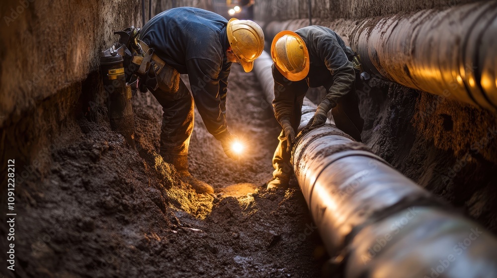 Poster workers in a trench installing large pipes with helmets and a flashlight.