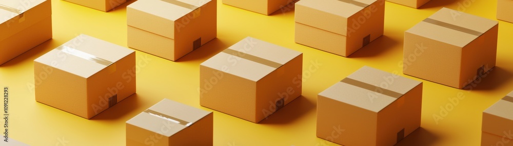 Poster a collection of small cardboard boxes arranged in a grid pattern on a bright yellow surface, emphasi