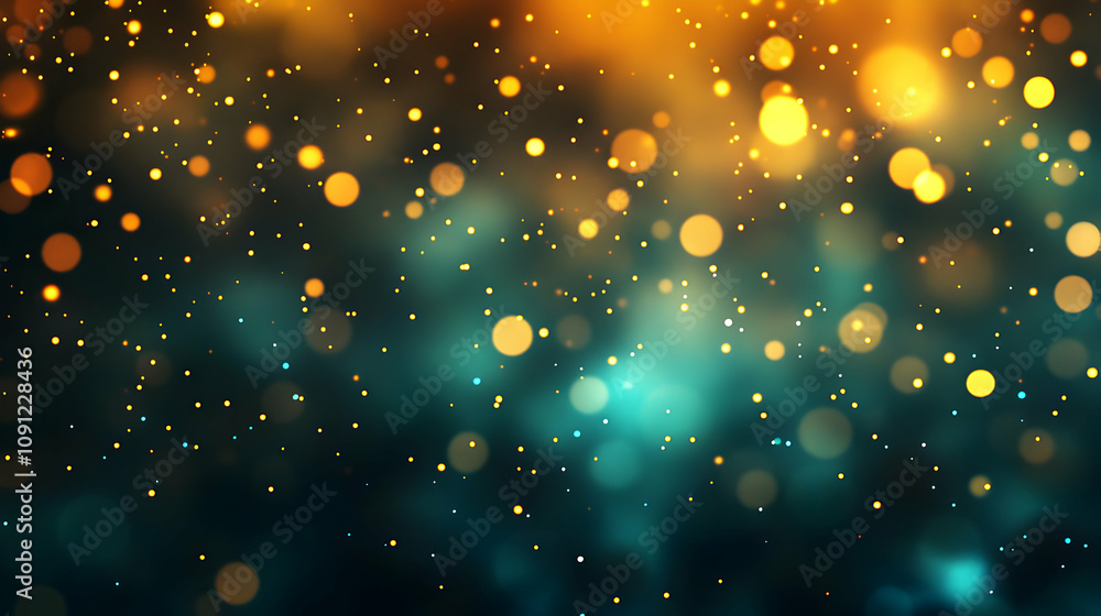 Poster abstract background with golden and teal bokeh lights, shimmering dust particles, and a dark atmosph