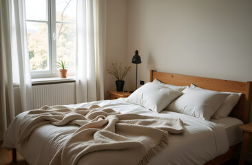 Cute and cozy home bedroom interior with unmade bed, blanket and pillows. Selective focus