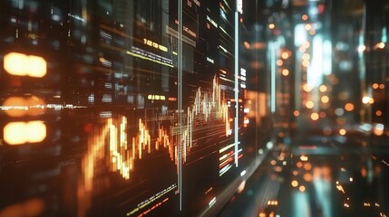 Obraz premium Virtual Financial Market Data Visualization with Dynamic Graphs and Lights in 3D Space, Showcasing Financial Models and Trends for Economic Analysis